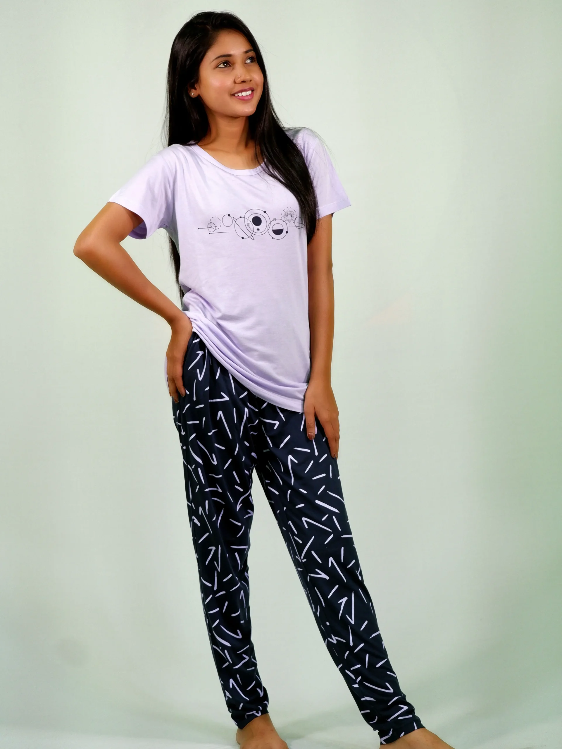 Planets Print Lilac T-shirt & Navy Pant Night Dress